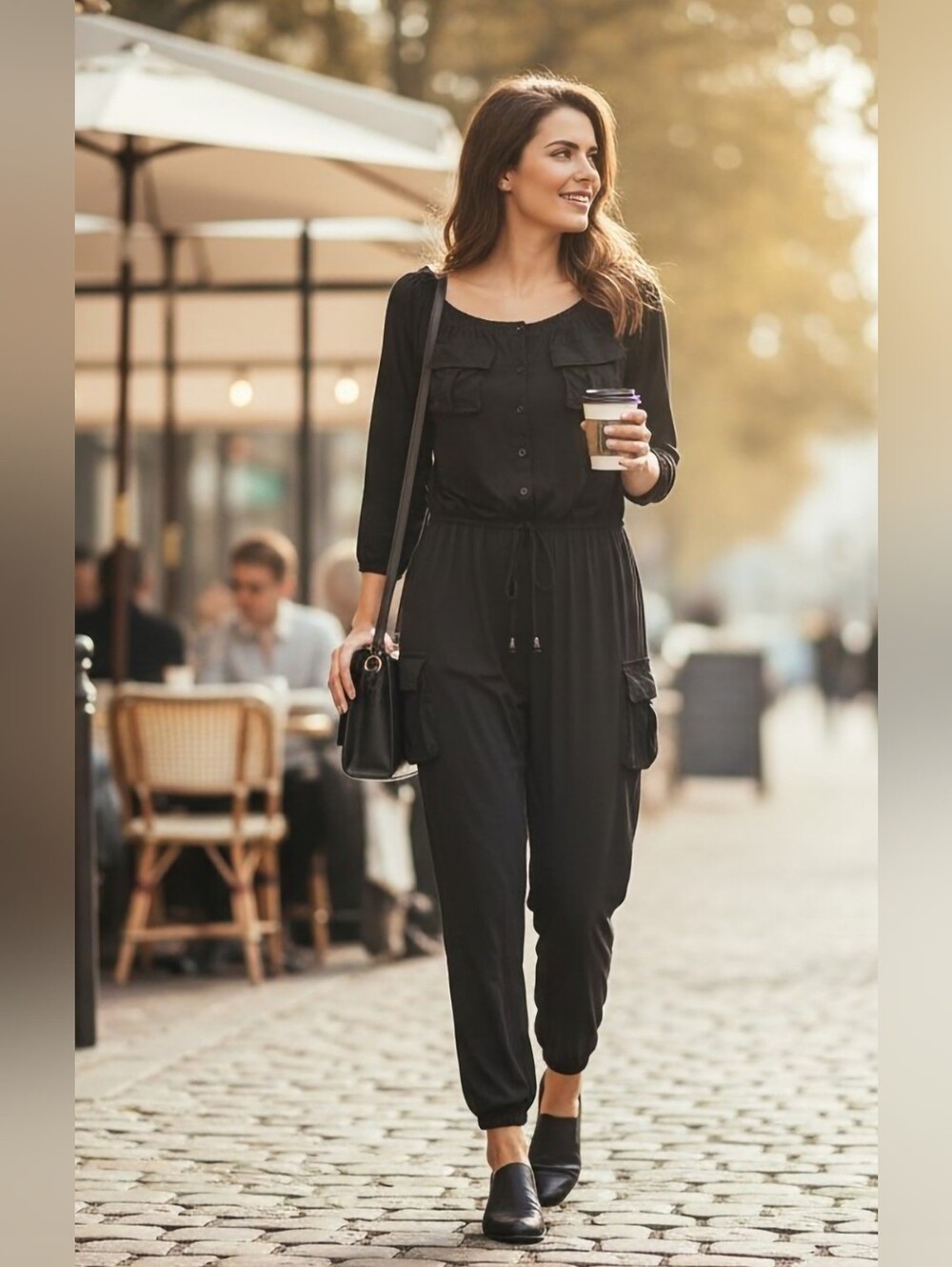 205 Collins Women's Size XL Cargo Jumpsuit Off-The-Shoulder Scoop Neckline Black